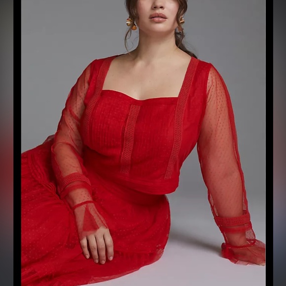 NWT Anthropologie Dotted Tulle Crop Long Sleeve Blouse Red 8P - Picture 6 of 10